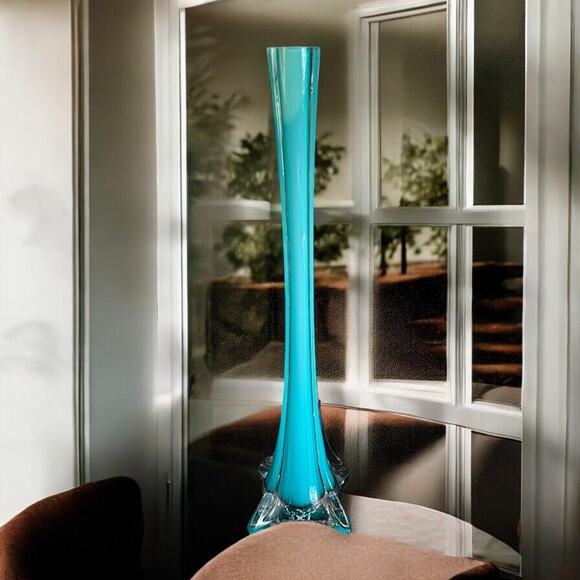 Vintage Soliflore Hand Blown Glass Vase-Light Turquoise 4-Sided Thin Square- MCM - Picture 1 of 12